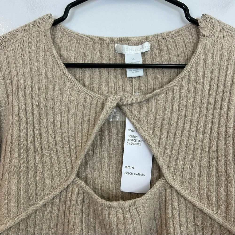 NWT Design History Oatmeal Brown Twist Cut Out Pullover Ribbed Sweater Size XL